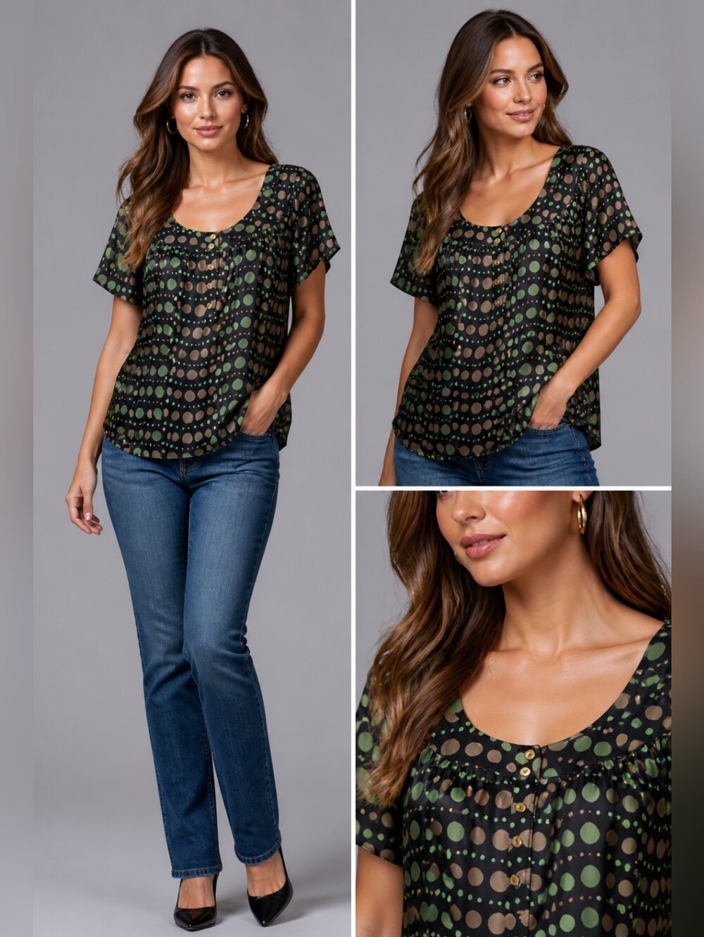 Women's Kenar Dark Brown Short-Sleeve Satin Polka Dot Pattern-Size Large